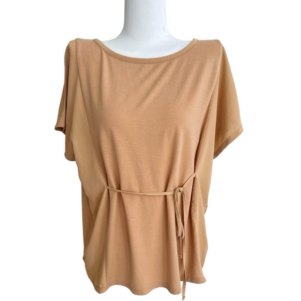 Moussy Blouse Camel Tan Tie Waist One Size OS Keyhole Slv Chiffon Knit Relaxed
